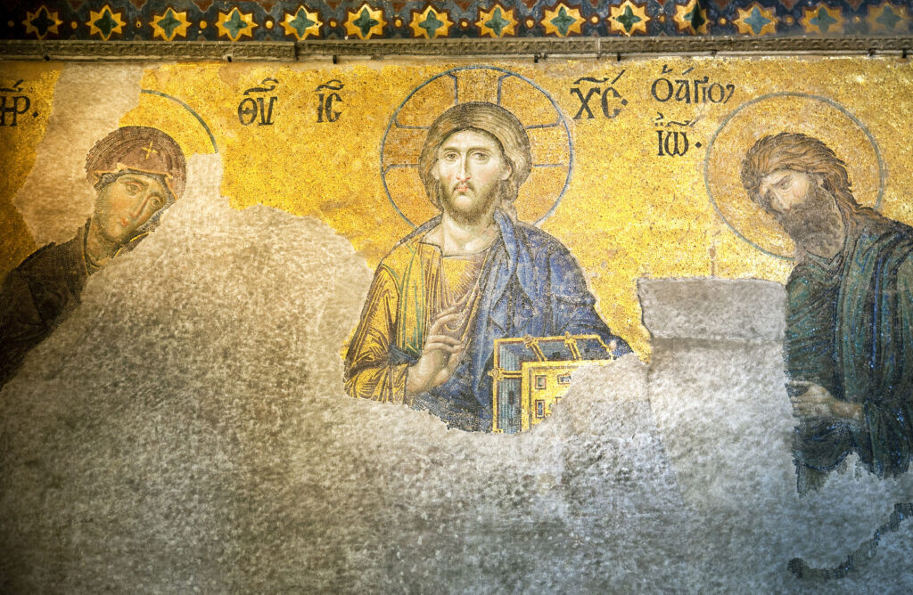 Mosaic of Jesus Christ found in the old church of Hagia Sophia in Istanbul, Turkey.